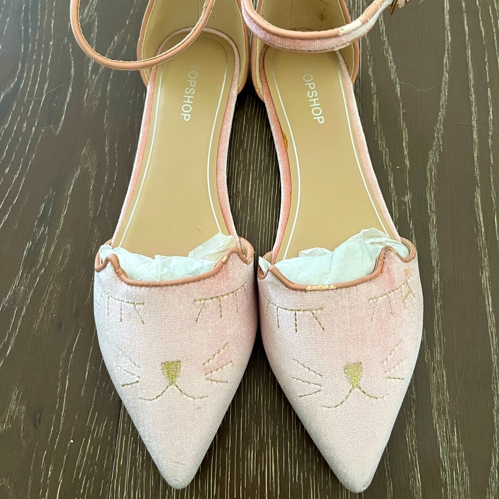 Topshop pink flats with kitty embroidery. Never worn